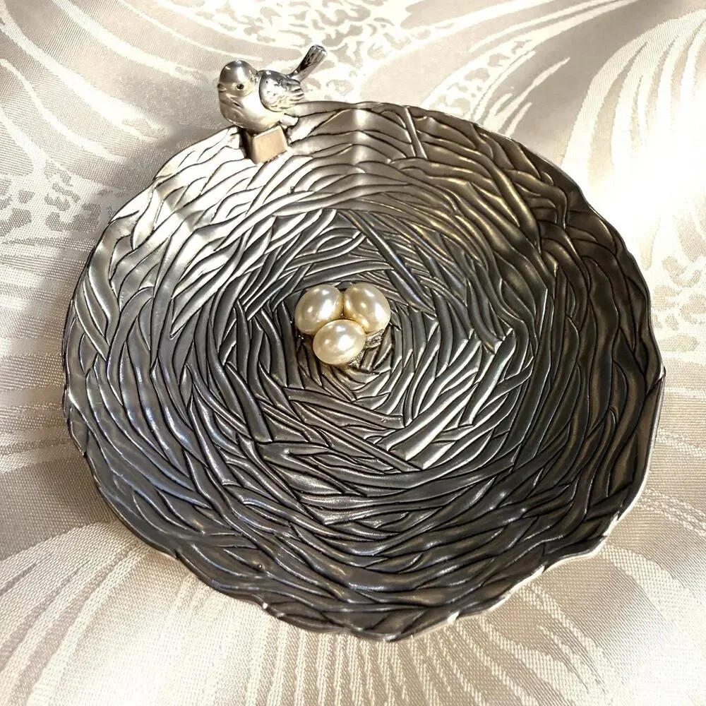 Vintage GANZ Pewter Bird’s Nest Trinket Or Ring Dish Faux Pearl Eggs 3” Gift